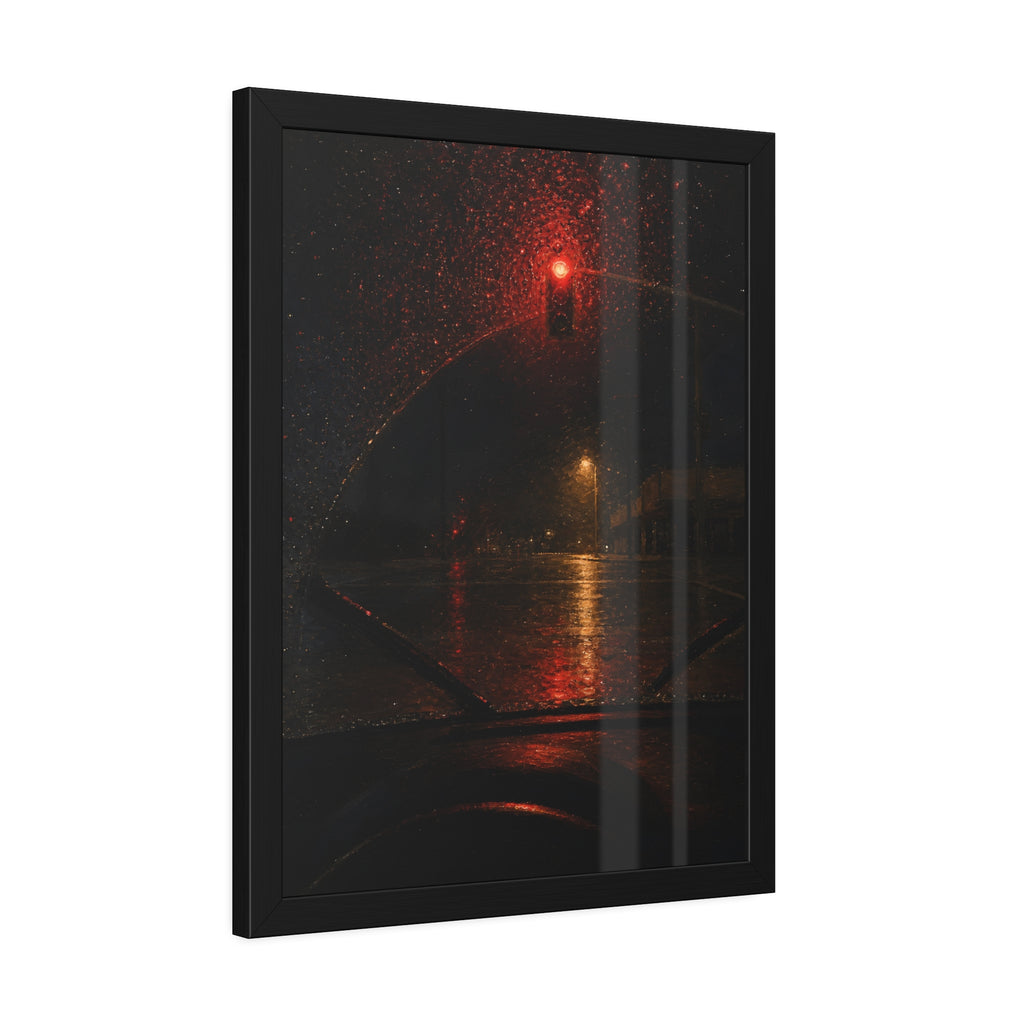 A red traffic light seen through a rain beaded windshield at night. The Windshield at the Red Light by Garabaggio, framed fine art print hanging in a room.