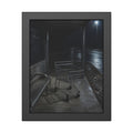 A shopping cart parked inside a bus shelter under a street lamp at night. The Rest at the Bus Shelter by Garabaggio, framed fine art print, 11″ x 14″.