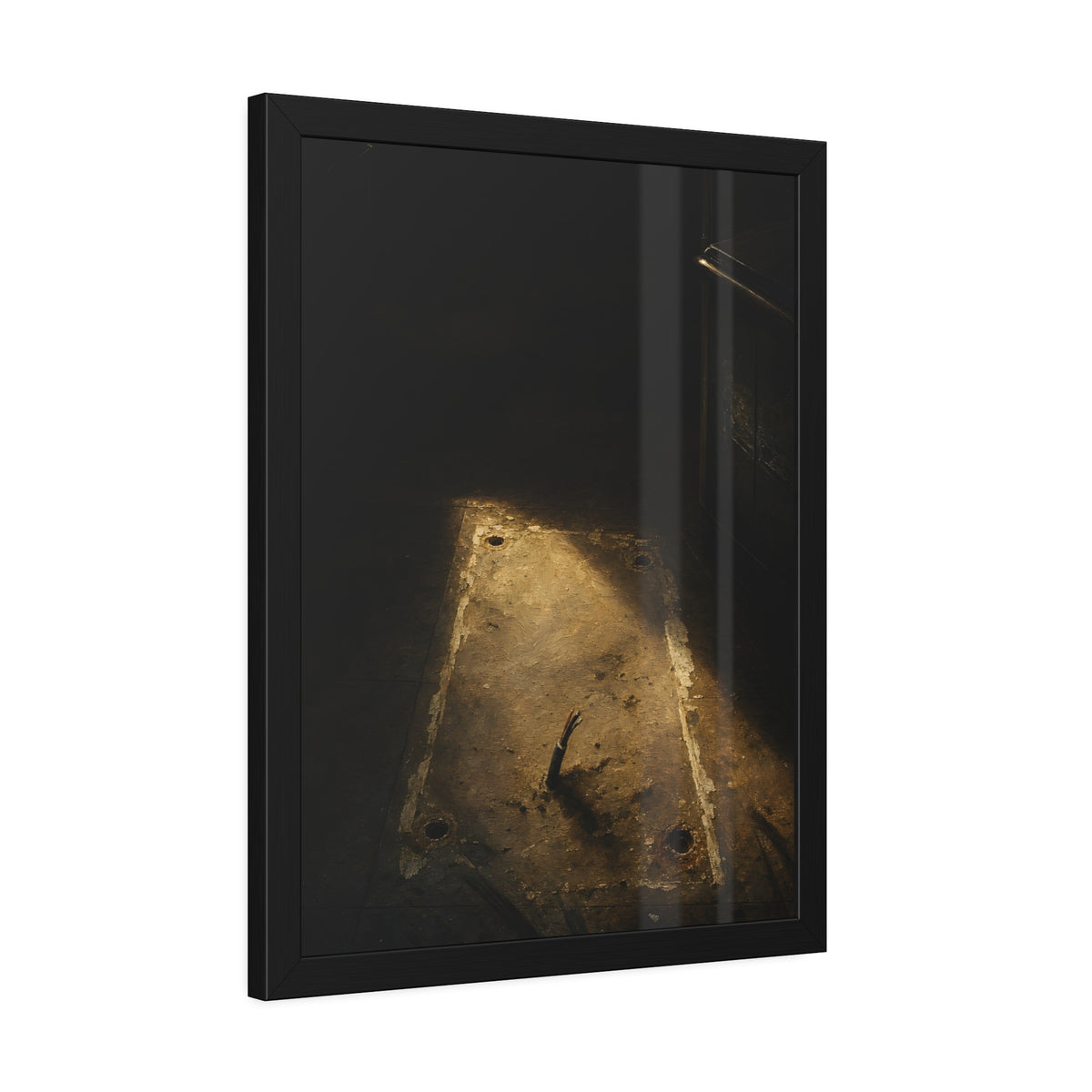 A worn floor patch with four bolt holes and a cut cable in a shaft of light. The Rectangle in the Floor by Garabaggio, framed fine art print hanging in a room.