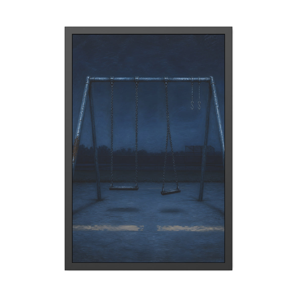 A swing set with two seats and two bare hooks in blue predawn light. The Fifth Hour: The Blue Before by Garabaggio, framed fine art print, 24″ x 36″.