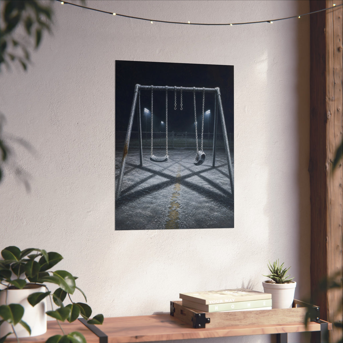 A frost covered swing set on empty asphalt under distant floodlights. The Third Hour: The Coldest Part by Garabaggio, fine art print hanging in a room.