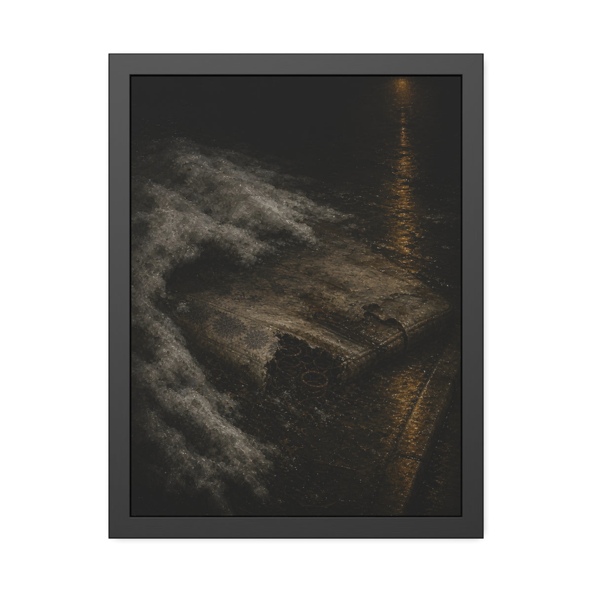 A soaked mattress in melting snow at the curb beside a wet street. The Thaw by Garabaggio, framed fine art print, 18″ x 24″.