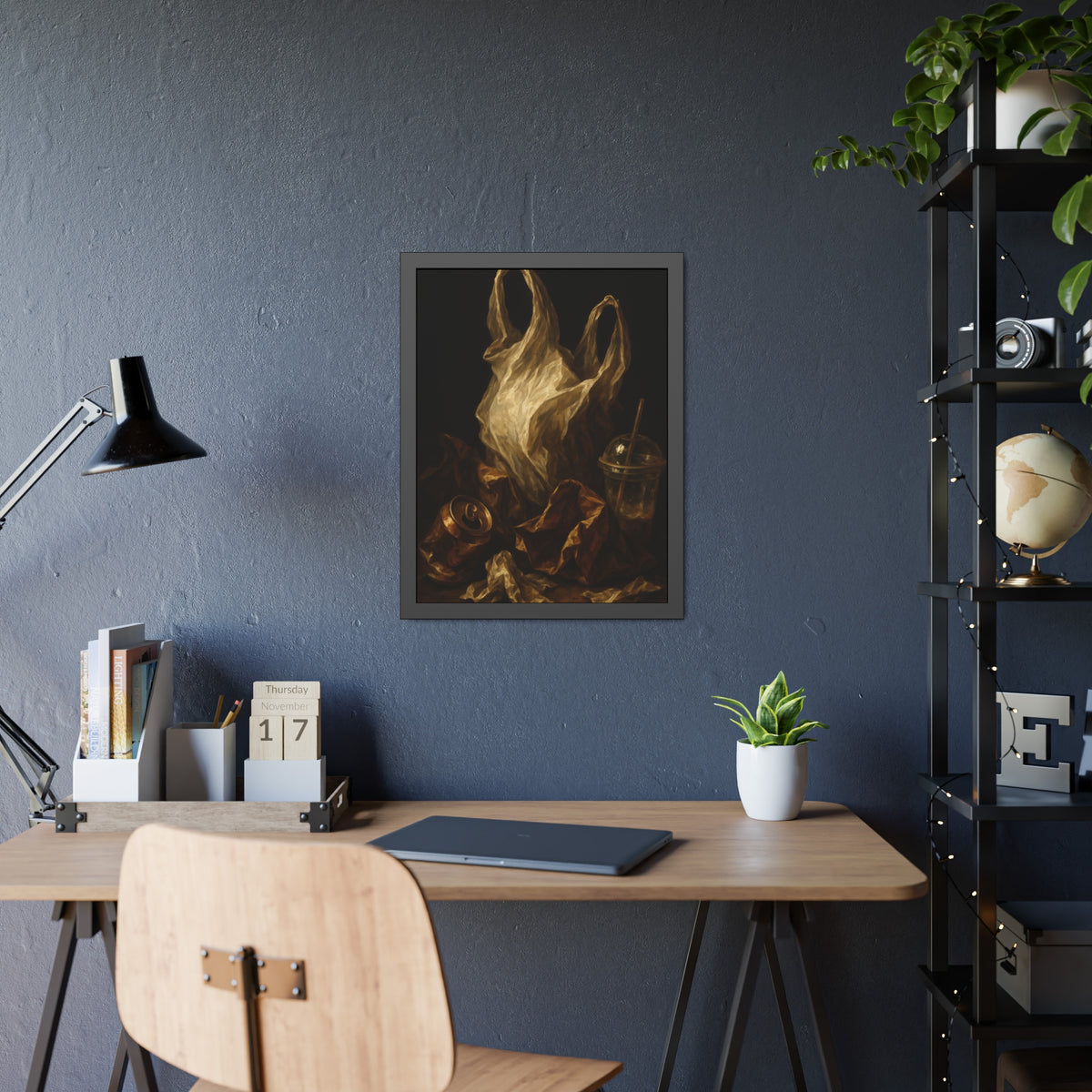 A plastic bag held open above a crushed can and a plastic cup with straw. The Apparition of the Bag by Garabaggio, framed fine art print hanging in a room.