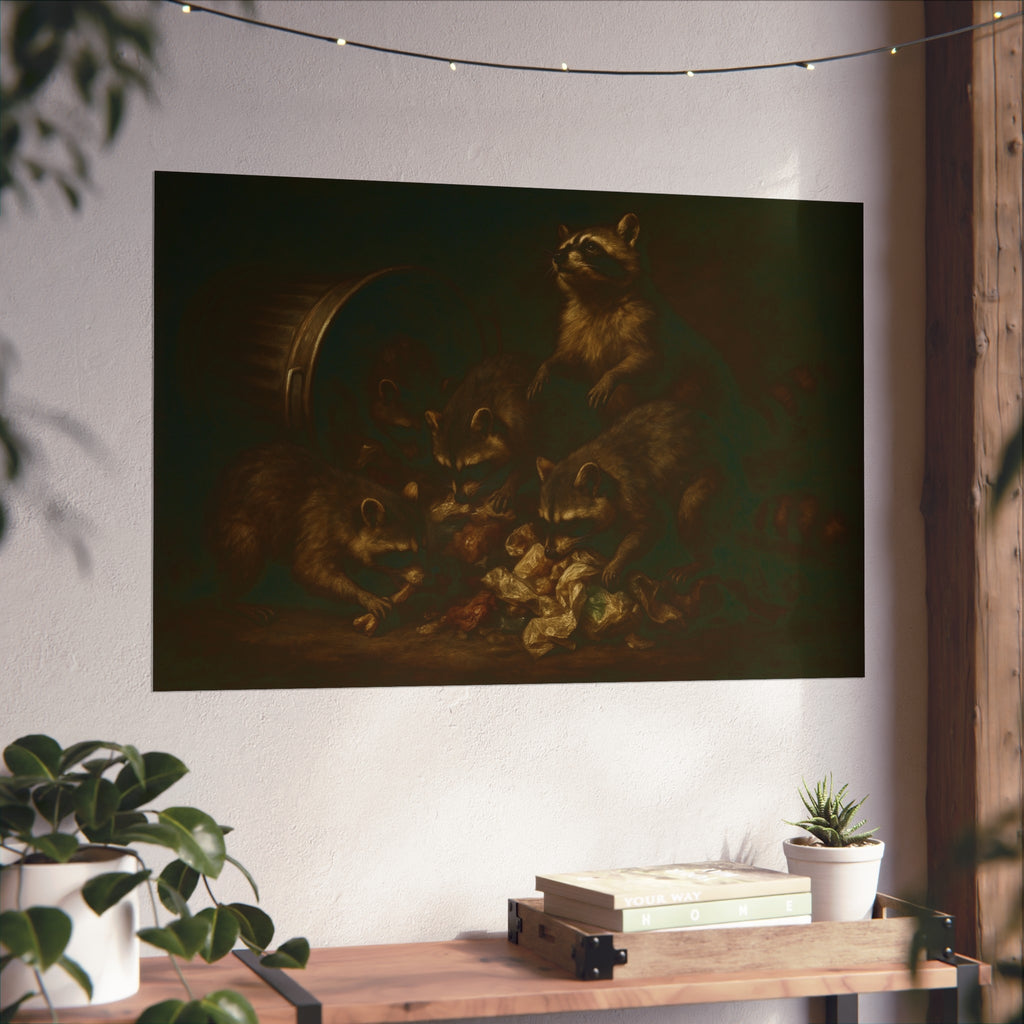 Five raccoons around a toppled metal trash can and spilled scraps. The Entombment of the Garbage by Garabaggio, fine art print hanging in a room.