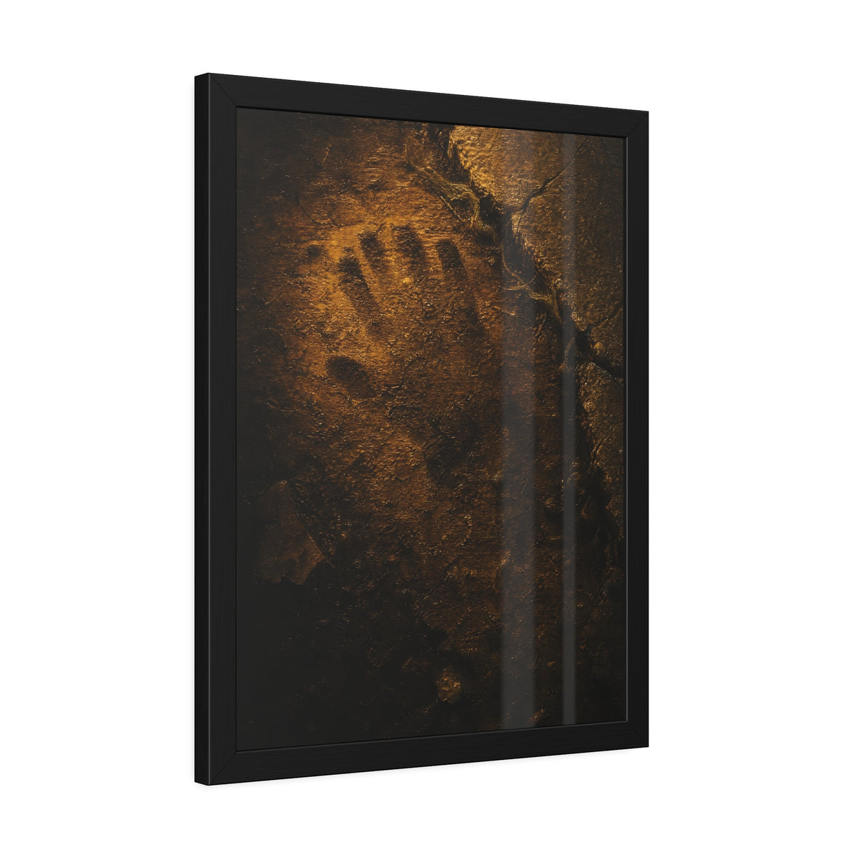 A glove shaped imprint left in cracked asphalt under warm light. The Assumption, or: What Remains by Garabaggio, framed fine art print hanging in a room.