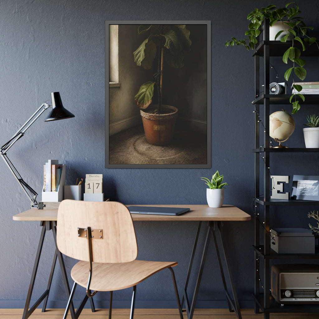 A leafy potted fig staked to a cane in a taped clay pot beside a window. The Corner by the Window by Garabaggio, framed fine art print hanging in a room.