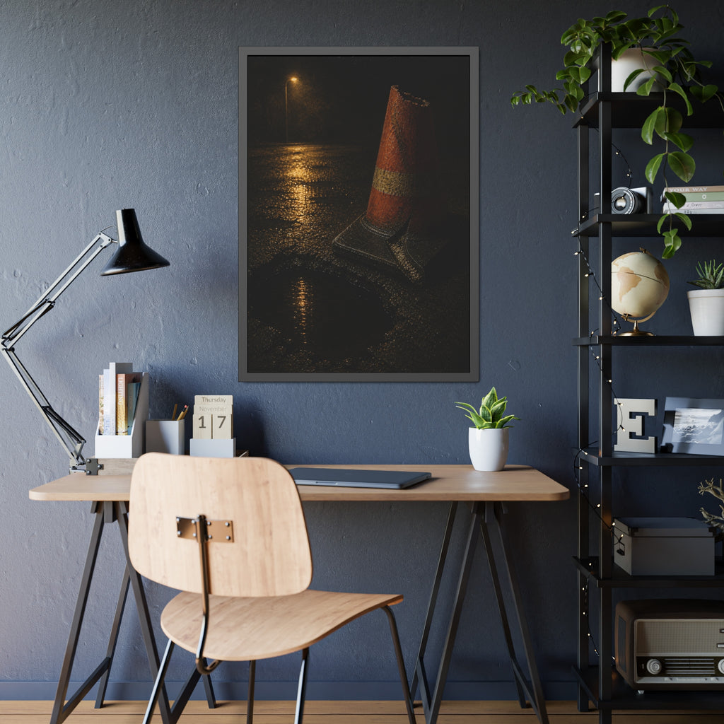 A traffic cone beside a water filled pothole reflecting a street lamp. The Sentinel of the Pothole by Garabaggio, framed fine art print hanging in a room.