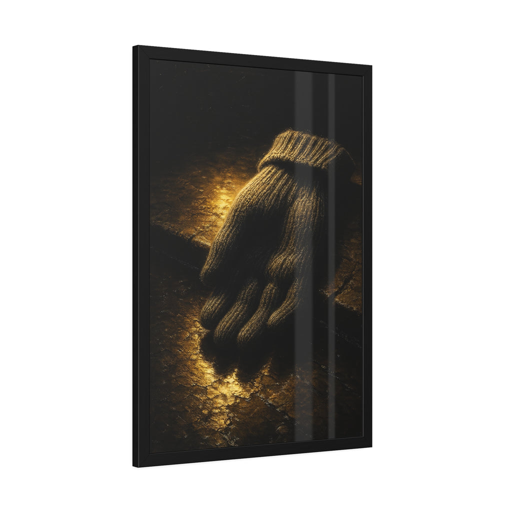 A knitted wool glove palm down on wet stone in gold light. The Presentation of the Woolen Glove by Garabaggio, framed fine art print hanging in a room.
