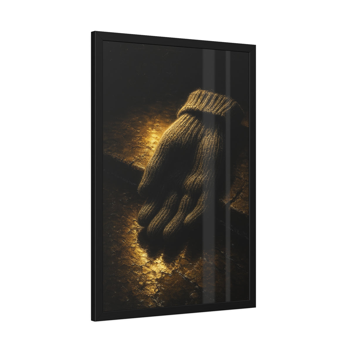 A knitted wool glove palm down on wet stone in gold light. The Presentation of the Woolen Glove by Garabaggio, framed fine art print hanging in a room.