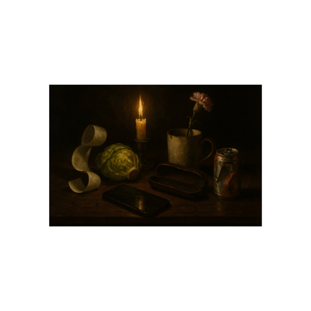 A candle, lettuce head, curled receipt and can on a dim table. Vanitas with Receipts and Wilted Lettuce by Garabaggio, fine art print hanging in a room.