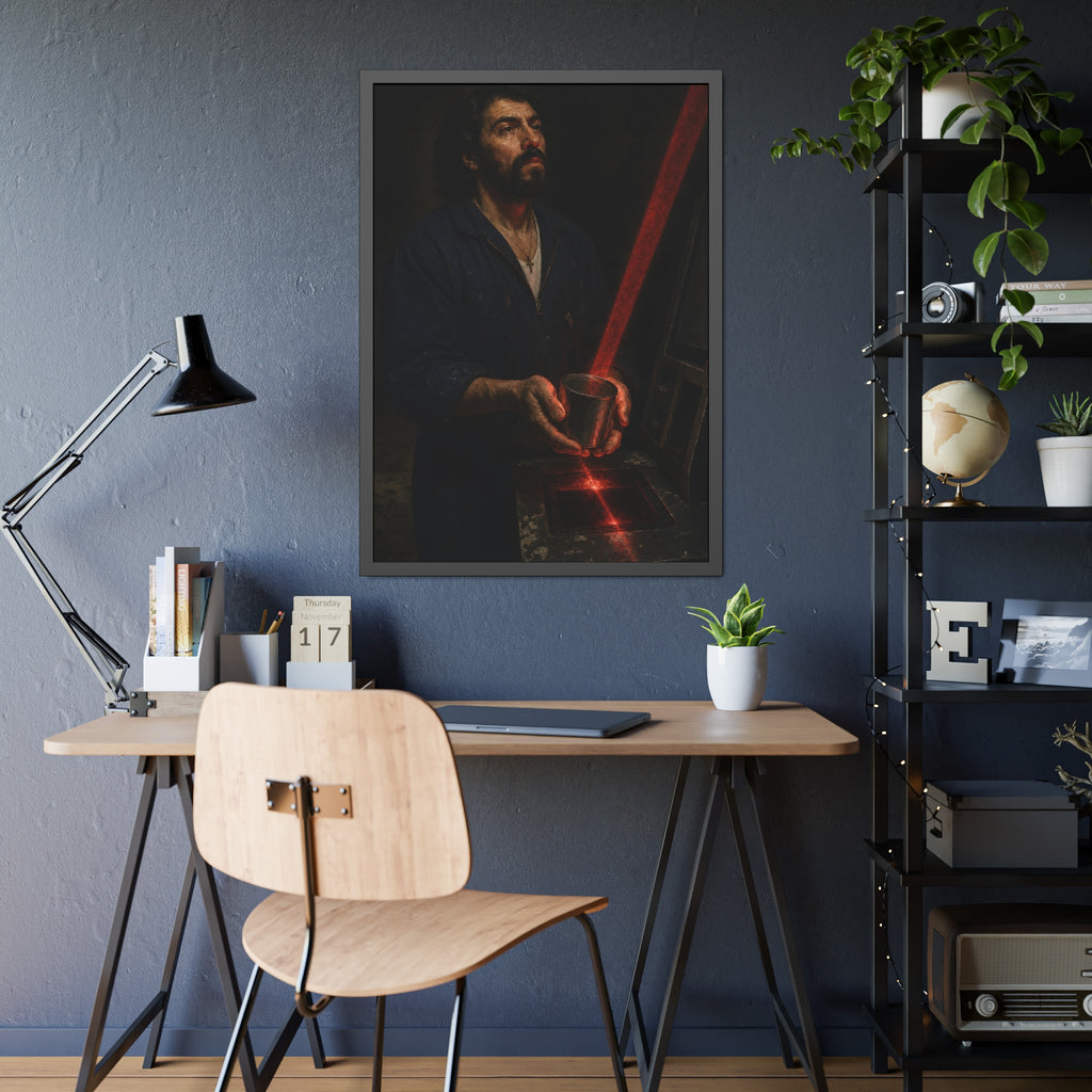 A man in blue coveralls holding a metal cup in a red scanner beam. The First Scan by Garabaggio, framed fine art print hanging in a room.