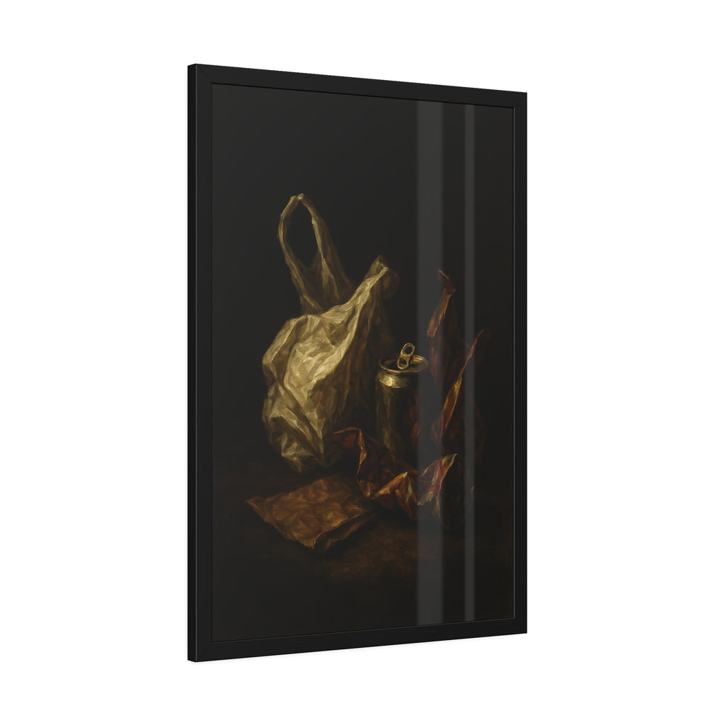 A crumpled plastic bag, crushed can and foil wrappers on a dark table. The Pietà of the Deflated by Garabaggio, framed fine art print hanging in a room.