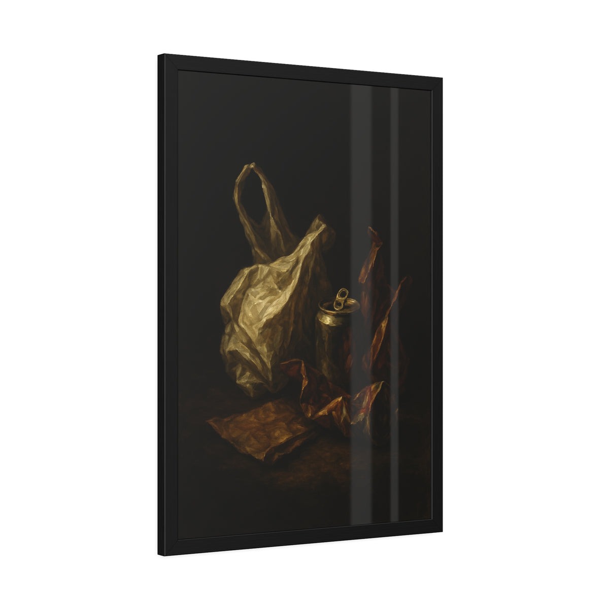 A crumpled plastic bag, crushed can and foil wrappers on a dark table. The Pietà of the Deflated by Garabaggio, framed fine art print hanging in a room.