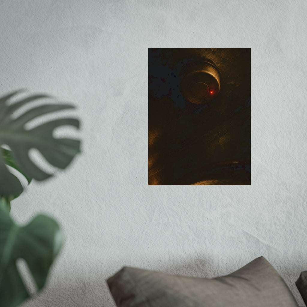 A smoke detector on a stained ceiling, its red light on, cobweb below. The Watch Above Sleep by Garabaggio, fine art print hanging in a room.
