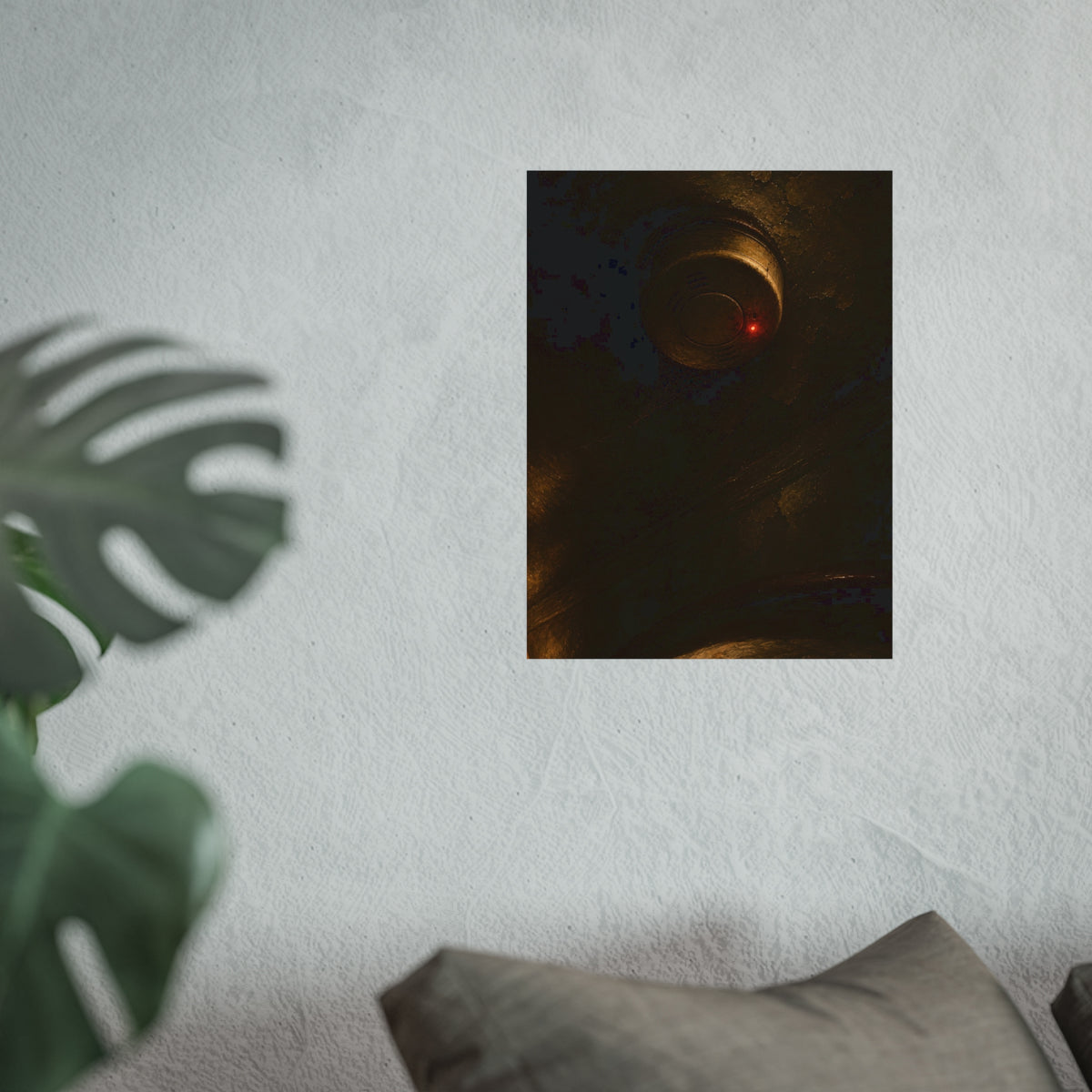 A smoke detector on a stained ceiling, its red light on, cobweb below. The Watch Above Sleep by Garabaggio, fine art print hanging in a room.