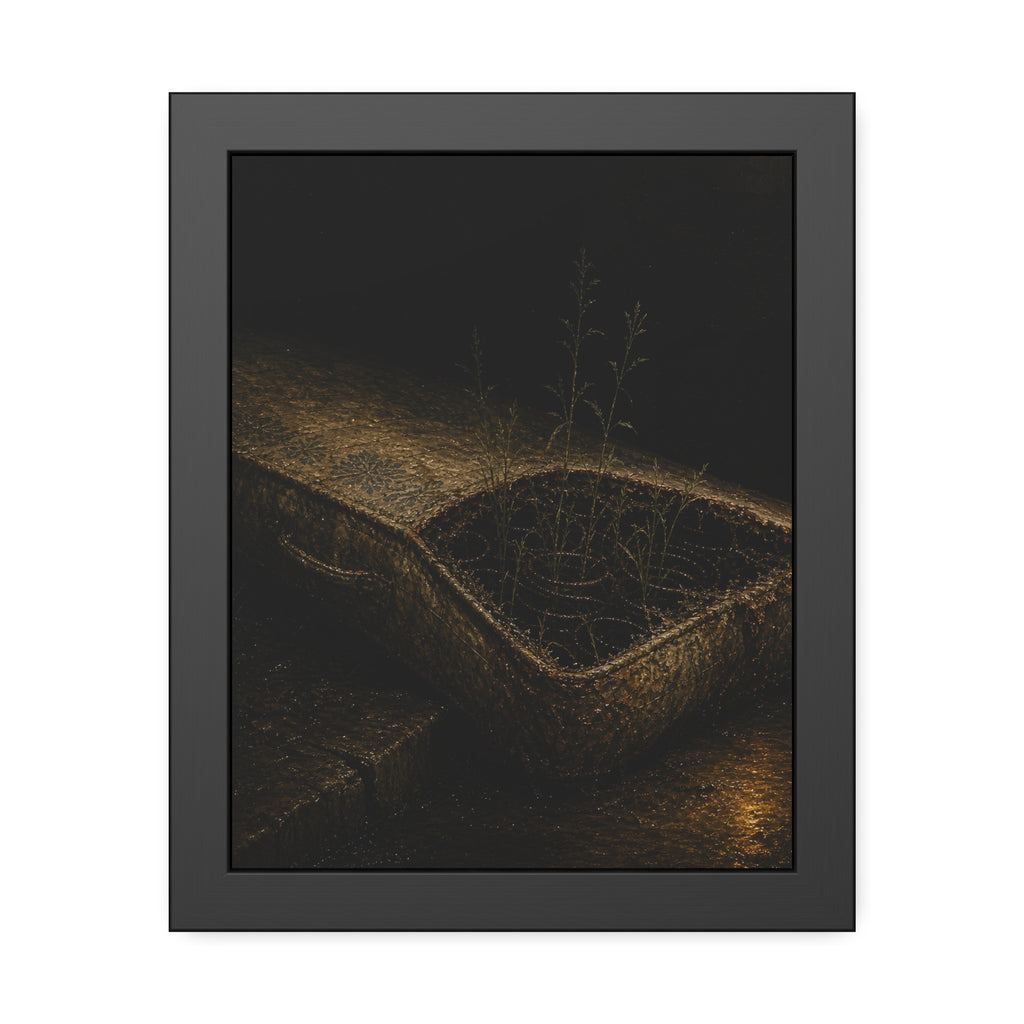 Weeds growing through a torn mattress left at a wet curb at night. The Rooting of Weeds by Garabaggio, framed fine art print, 11″ x 14″.