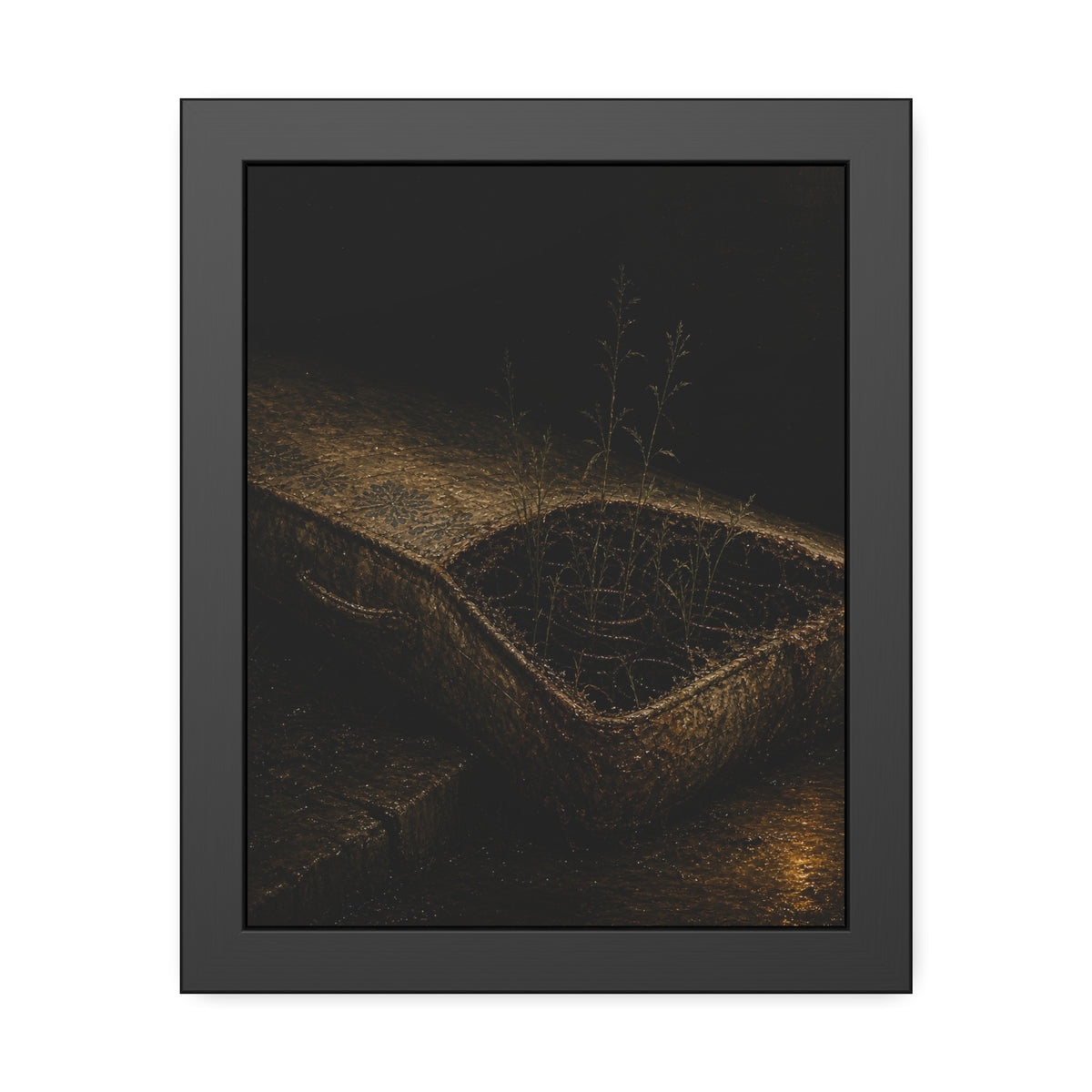 Weeds growing through a torn mattress left at a wet curb at night. The Rooting of Weeds by Garabaggio, framed fine art print, 11″ x 14″.