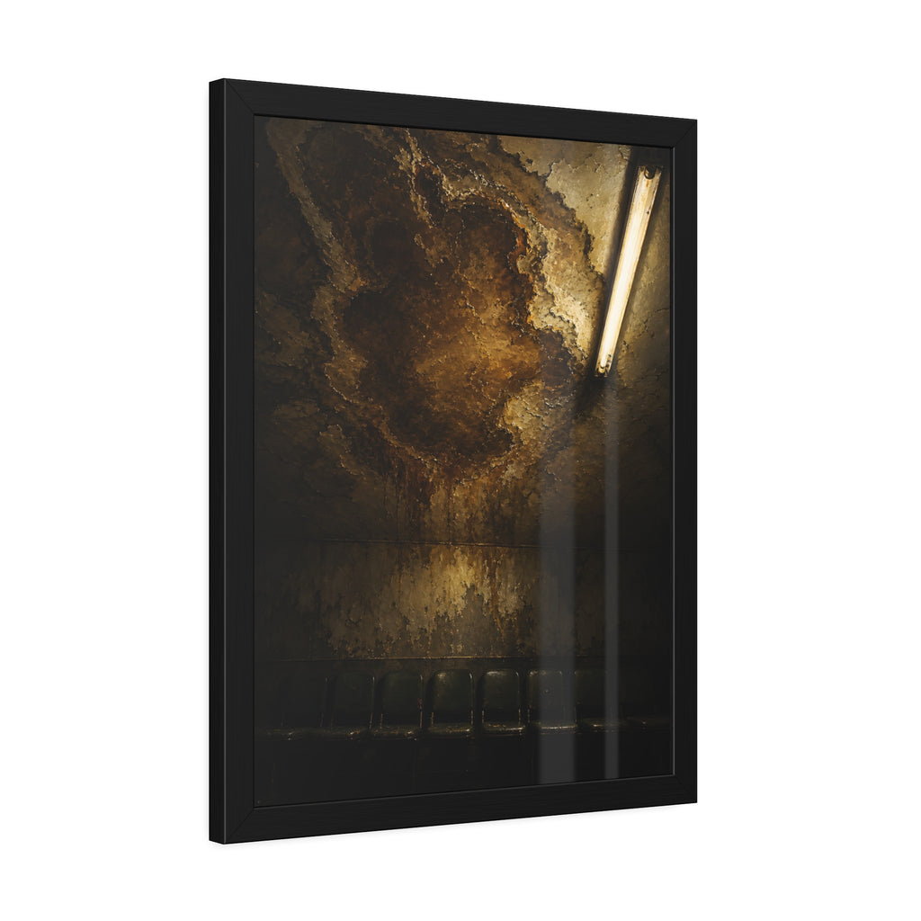 A brown water stain spreading across a ceiling above a row of chairs. The Stain Above the Row by Garabaggio, framed fine art print hanging in a room.