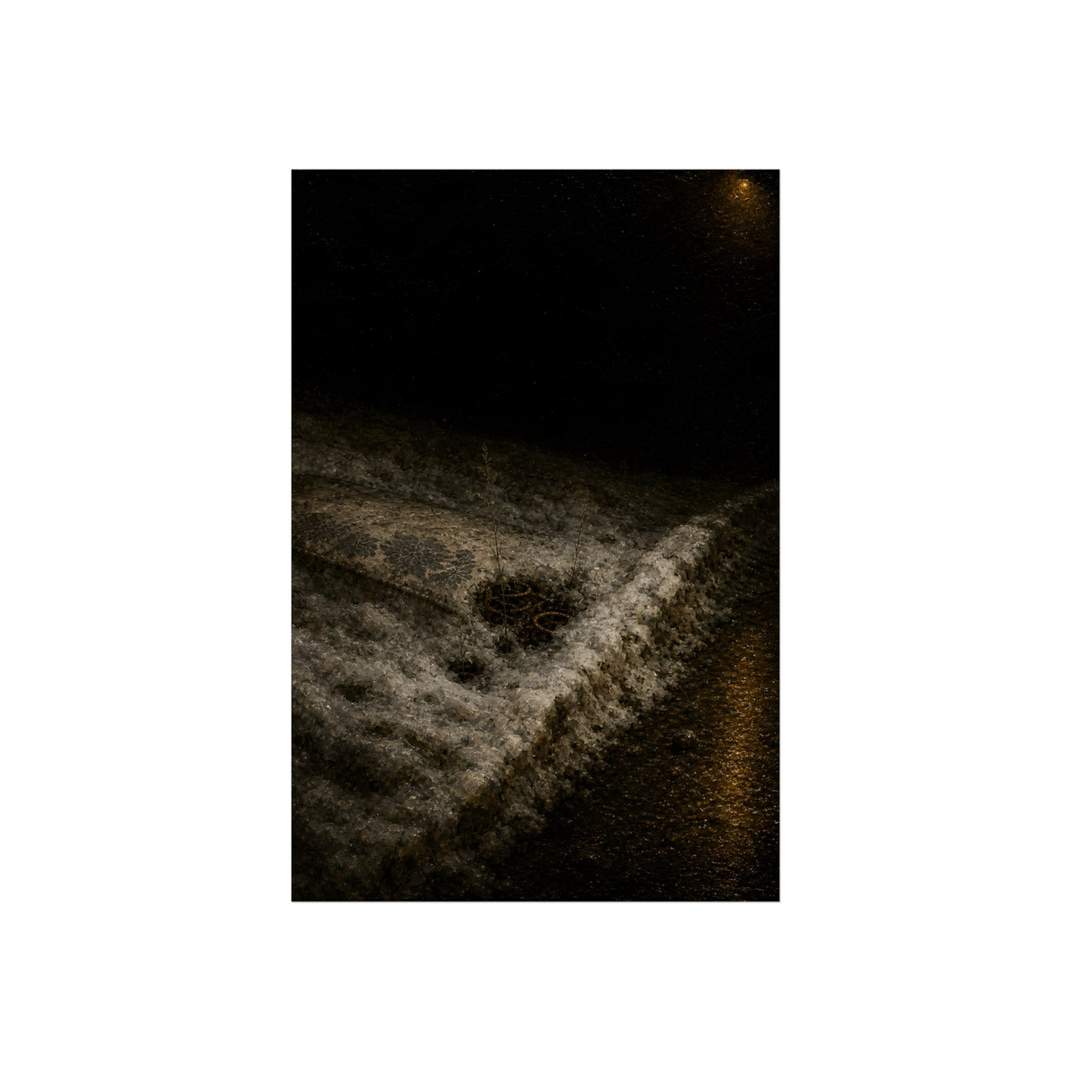 A discarded mattress half buried in snow, a distant streetlight behind. The White Burial by Garabaggio, fine art print, 24″ x 36″.