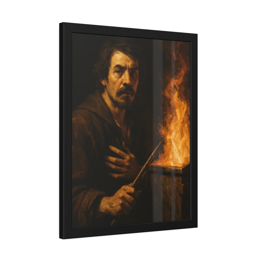 Man holding a long wooden stick, hand on chest, before a burning bin. Self-Portrait with Mahlstick by Garabaggio, framed fine art print hanging in a room.