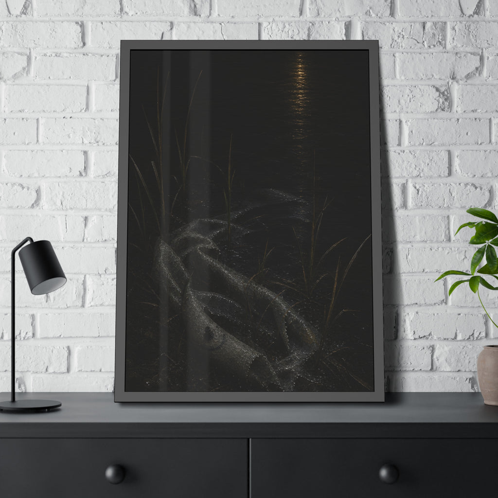 A deflated float slumped in lakeside reeds under a streak of moonlight. Spring Skin in the Reeds by Garabaggio, framed fine art print hanging in a room.