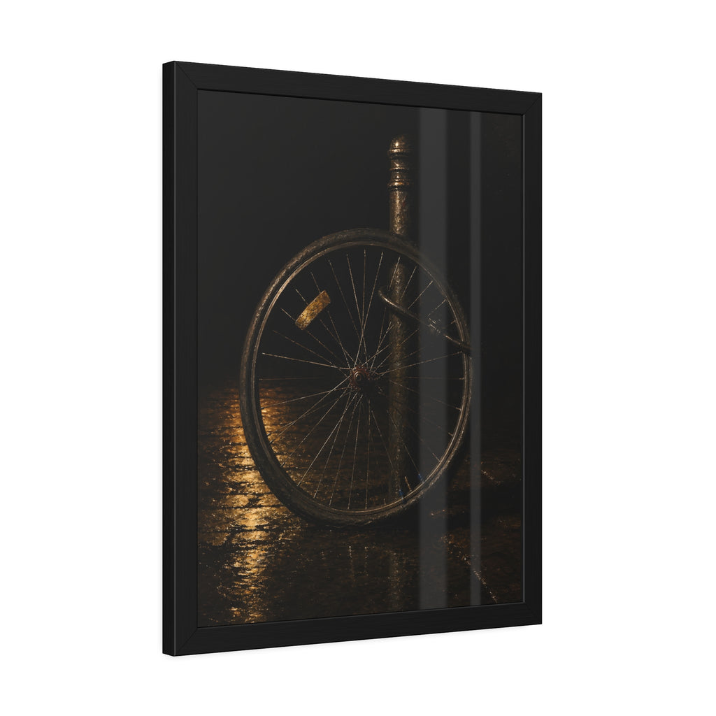 A bare bicycle wheel locked to a post on wet pavement. The Wheel Without a Bicycle by Garabaggio, framed fine art print hanging in a room.