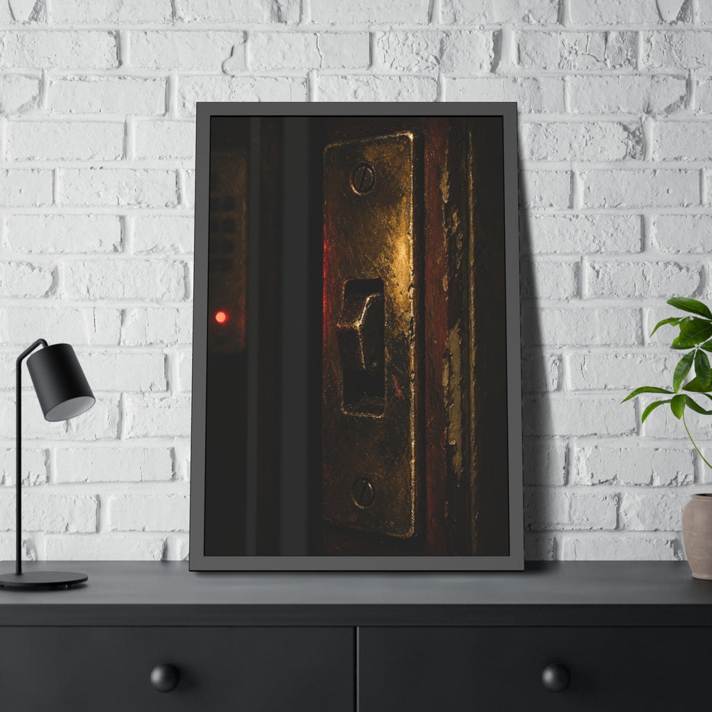 A brass door latch beside an intercom with a small red light. The Door Does Not Release by Garabaggio, framed fine art print hanging in a room.