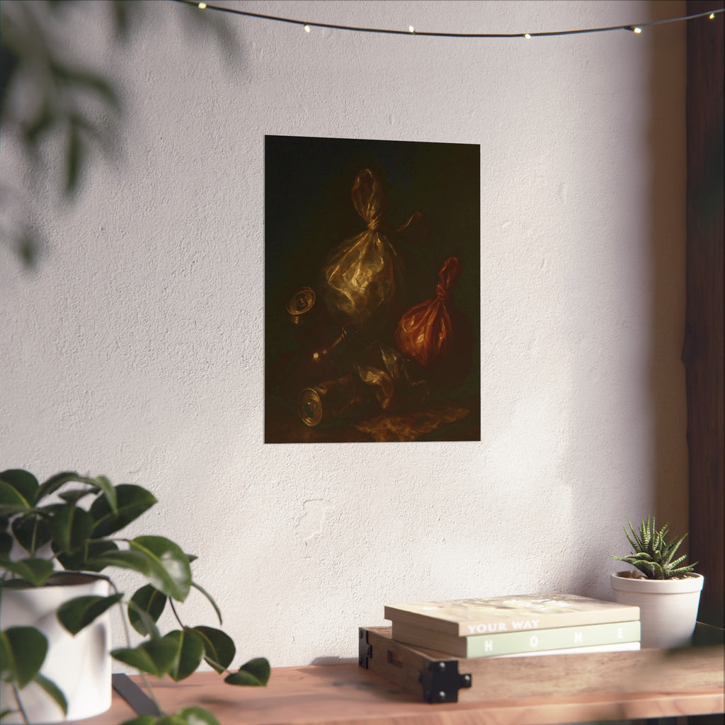 Two knotted plastic bags and crushed cans on a dark table. The Knotted Offering by Garabaggio, fine art print hanging in a room.