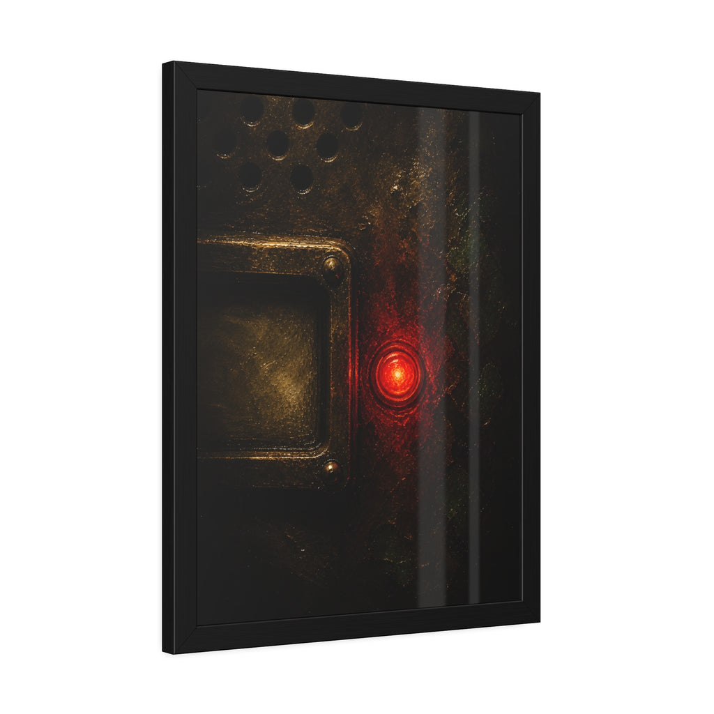 Close view of an intercom panel with one red button glowing in the dark. The Stuck Red Light by Garabaggio, framed fine art print hanging in a room.
