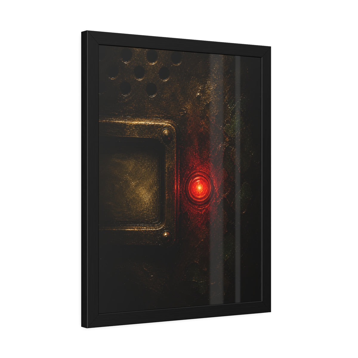 Close view of an intercom panel with one red button glowing in the dark. The Stuck Red Light by Garabaggio, framed fine art print hanging in a room.