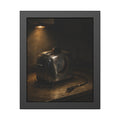 Scorched toaster with burnt toast on a counter under a cabinet light. Breakfast Interrupted by Garabaggio, framed fine art print, 11″ x 14″.
