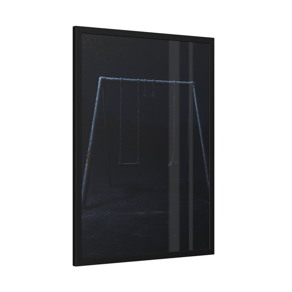 An empty swing set in near darkness with one seat twisted. The Fourth Hour: The Floodlights Cut by Garabaggio, framed fine art print hanging in a room.