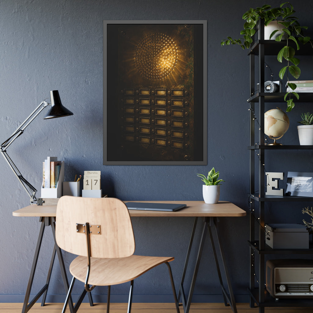 Light glowing through an intercom speaker grille above rows of buttons. Voice Through Perforations by Garabaggio, framed fine art print hanging in a room.