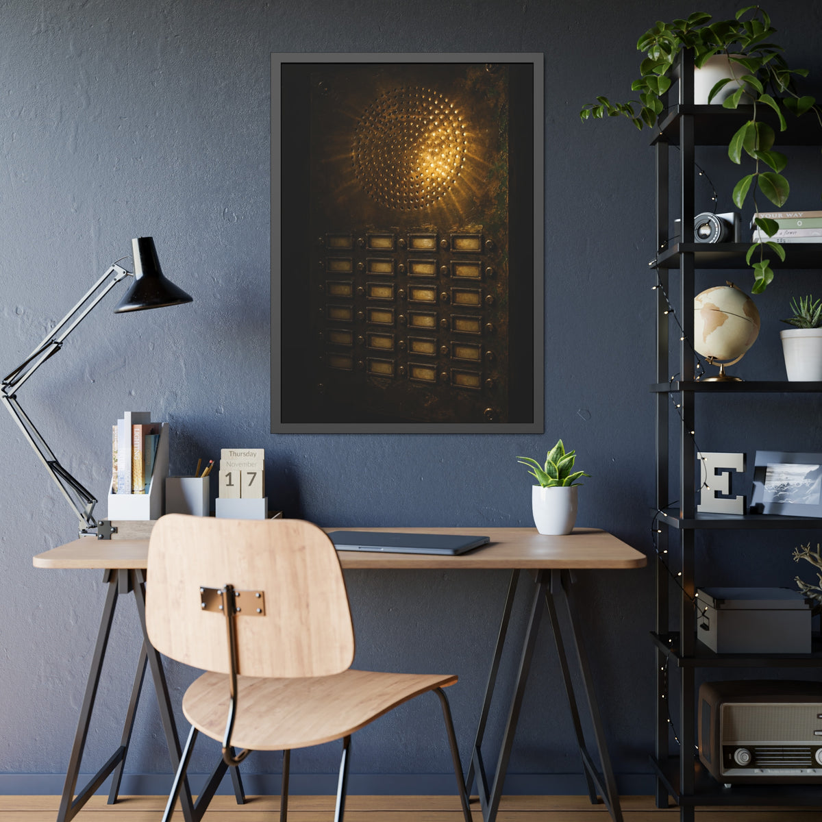 Light glowing through an intercom speaker grille above rows of buttons. Voice Through Perforations by Garabaggio, framed fine art print hanging in a room.