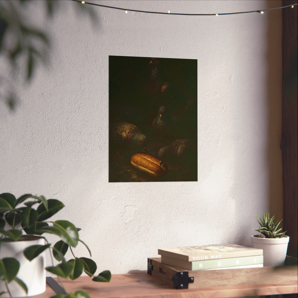 Pigeons crowding around a bread roll on dark stone paving. The Congregation at the Bun by Garabaggio, fine art print hanging in a room.