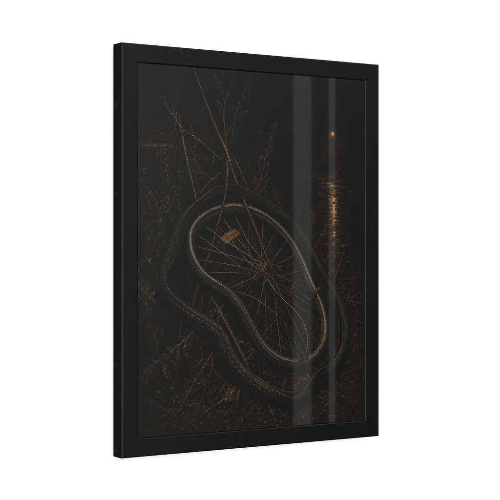 A bare bicycle wheel with its tire coiled around it on wet ground. The Removal of the Tire by Garabaggio, framed fine art print hanging in a room.
