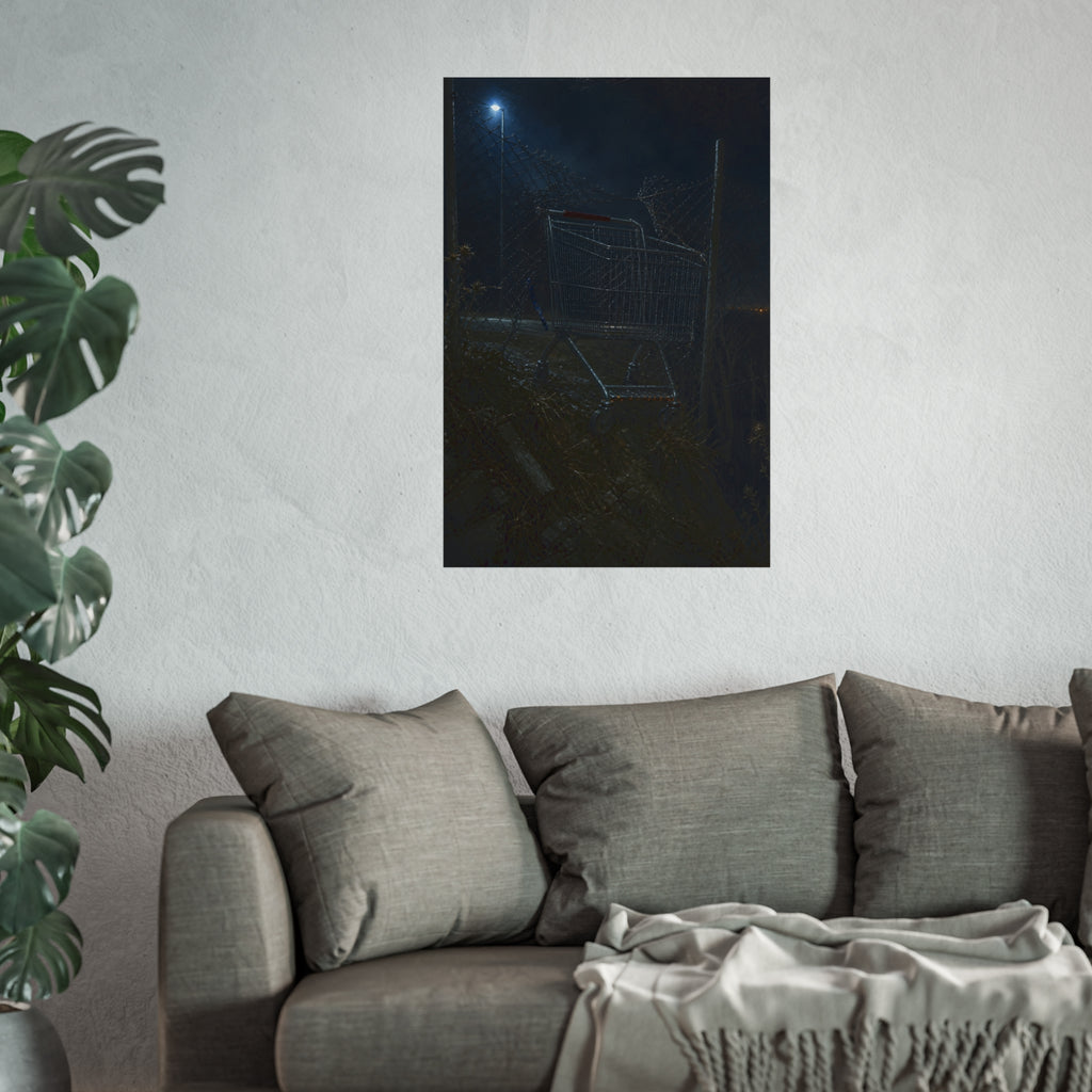 A shopping cart wedged in a chain link fence under a streetlamp. The Abandonment at the Ravine Fence by Garabaggio, fine art print hanging in a room.
