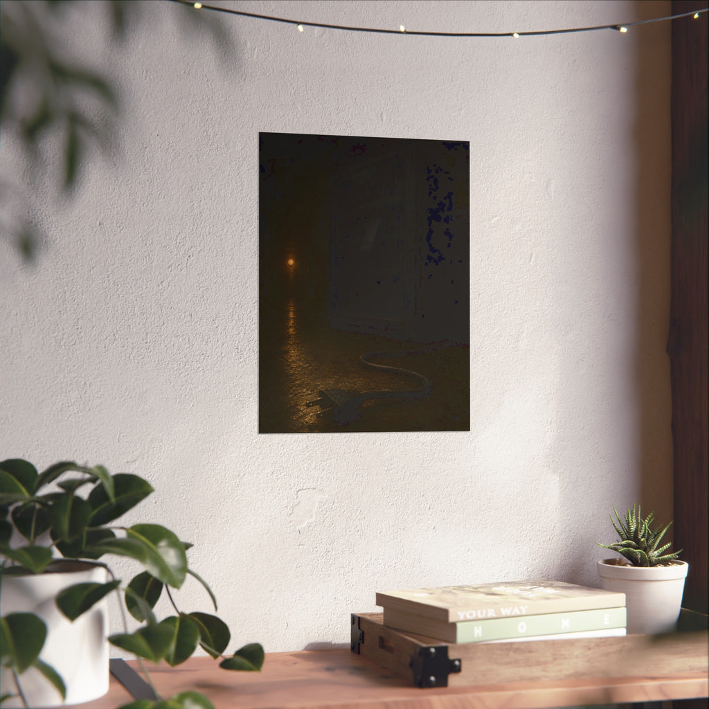 A dark vending machine with its unplugged cord lying on a wet corridor floor. The Unplugging by Garabaggio, fine art print hanging in a room.