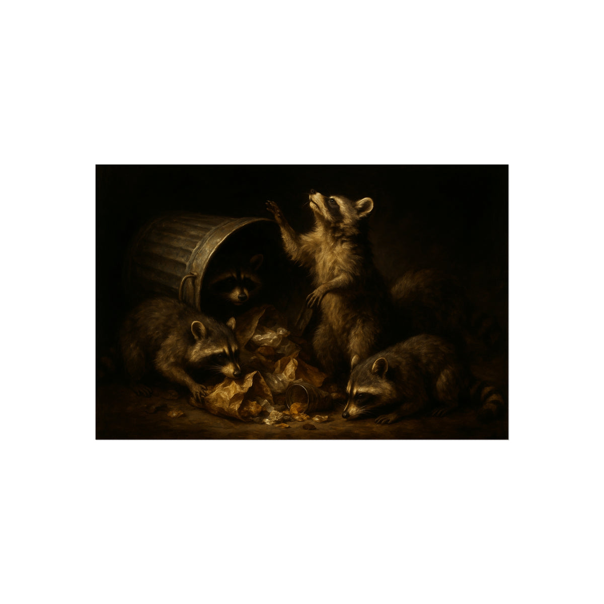 Raccoons around a fallen trash can, one rearing up with a raised paw. The Supper of Shadows by Garabaggio, fine art print hanging in a room.