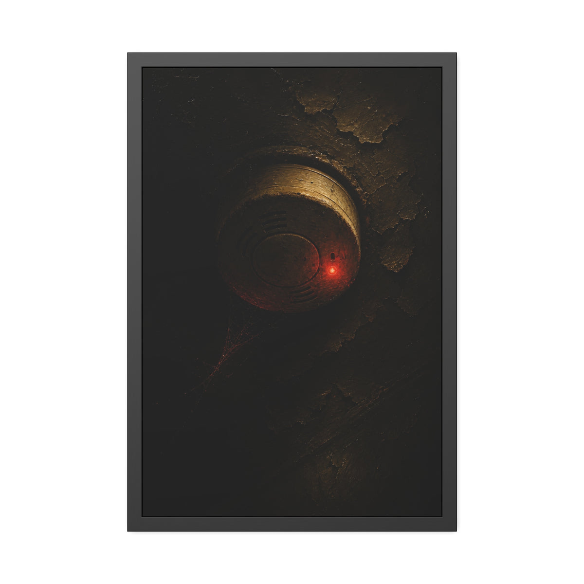 A dusty smoke detector on a peeling ceiling with its red light on. The First Red Blink by Garabaggio, framed fine art print, 24″ x 36″.