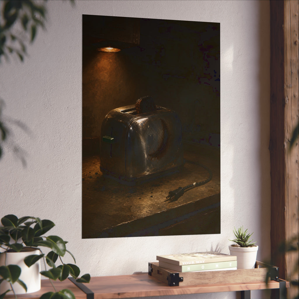 Scorched toaster with burnt toast on a counter under a cabinet light. Breakfast Interrupted by Garabaggio, fine art print hanging in a room.