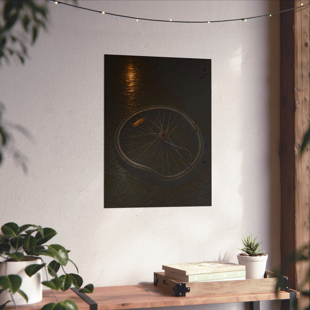 A buckled bicycle wheel on wet asphalt beneath a streetlight reflection. The Bend from Impact by Garabaggio, fine art print hanging in a room.