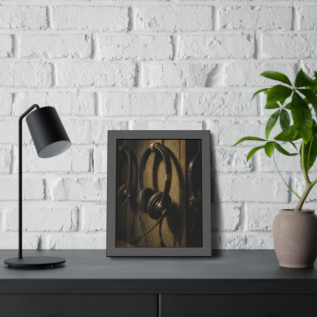 Three worn call center headsets hanging on wall hooks in dim light. The Headsets Left Hanging by Garabaggio, framed fine art print hanging in a room.