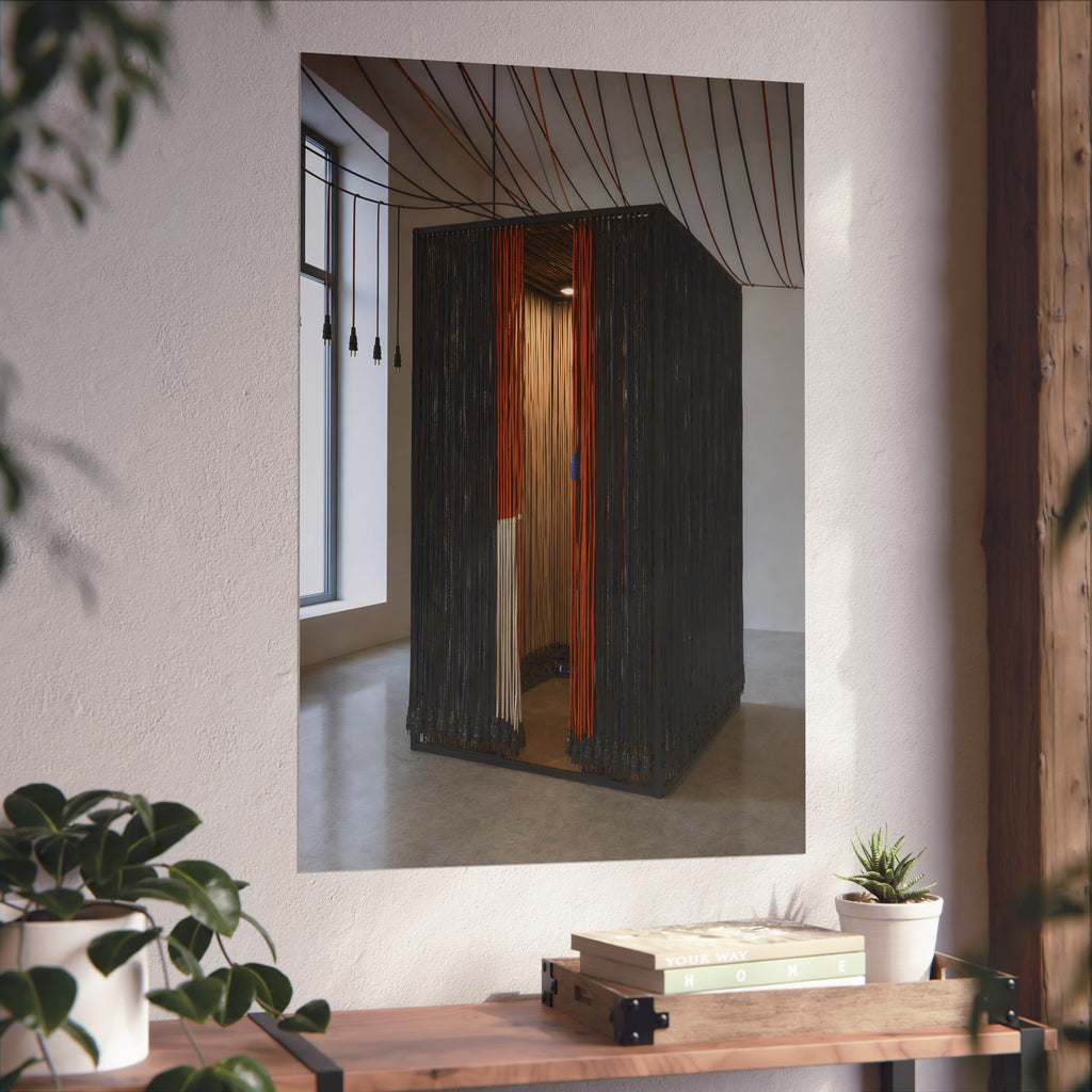 Booth walled with hanging power cords in a bare daylit room. Confessional for Current by Garabaggio, fine art print hanging in a room.
