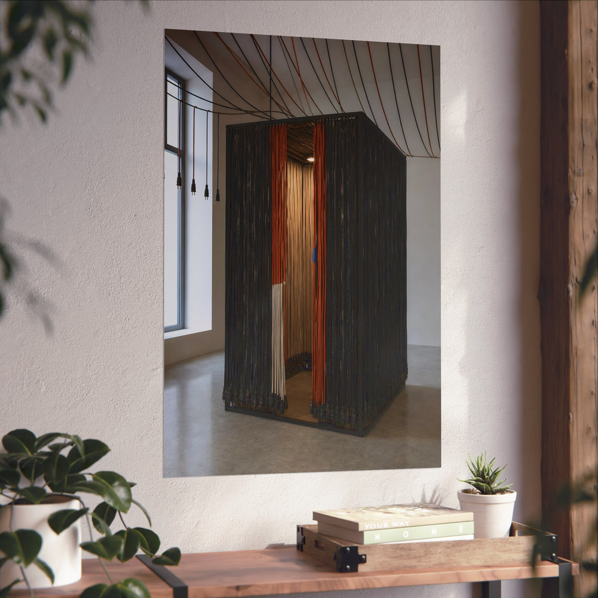 Booth walled with hanging power cords in a bare daylit room. Confessional for Current by Garabaggio, fine art print hanging in a room.