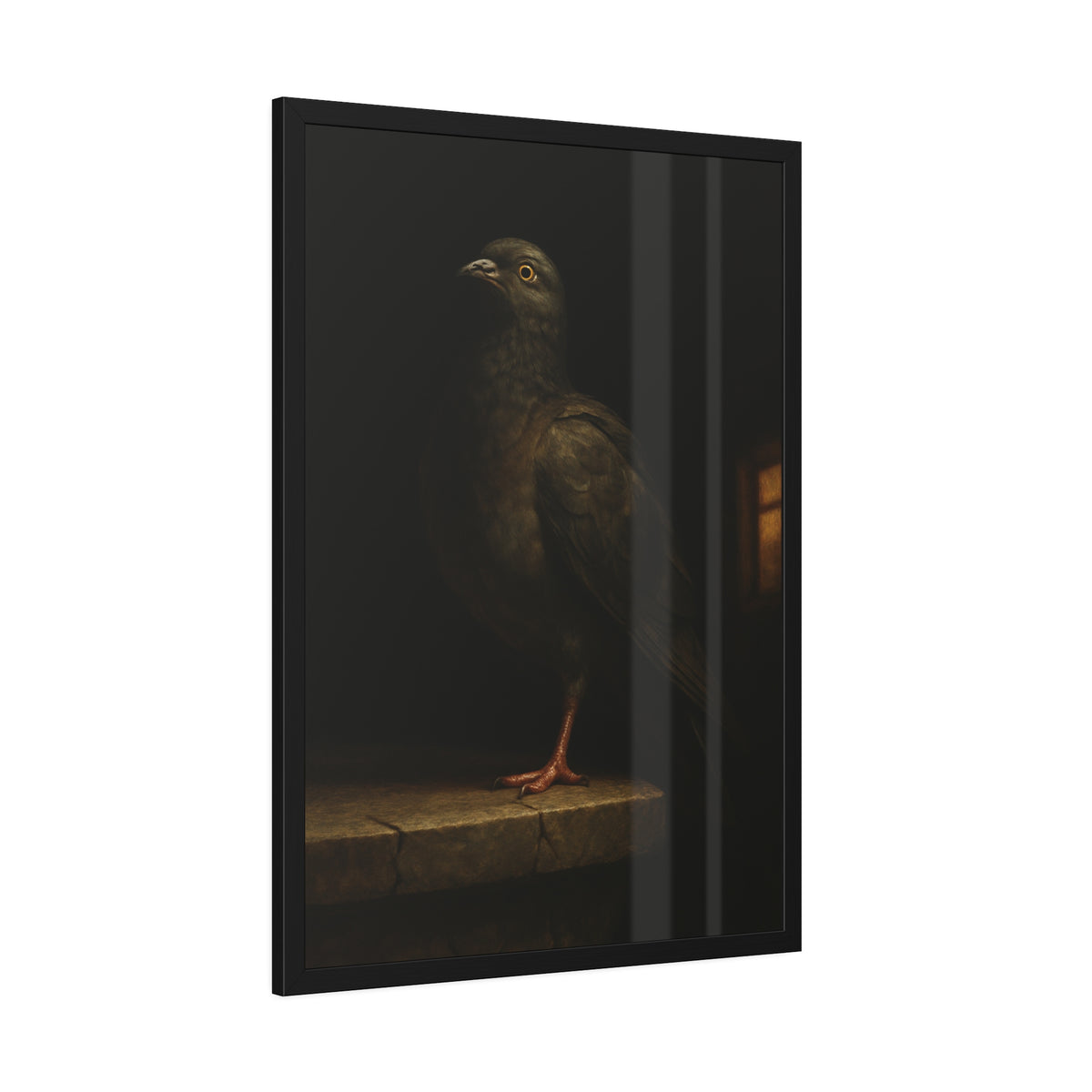 A pigeon standing on a cracked stone ledge in near darkness. The Martyrdom of the One-Legged Saint by Garabaggio, framed fine art print hanging in a room.