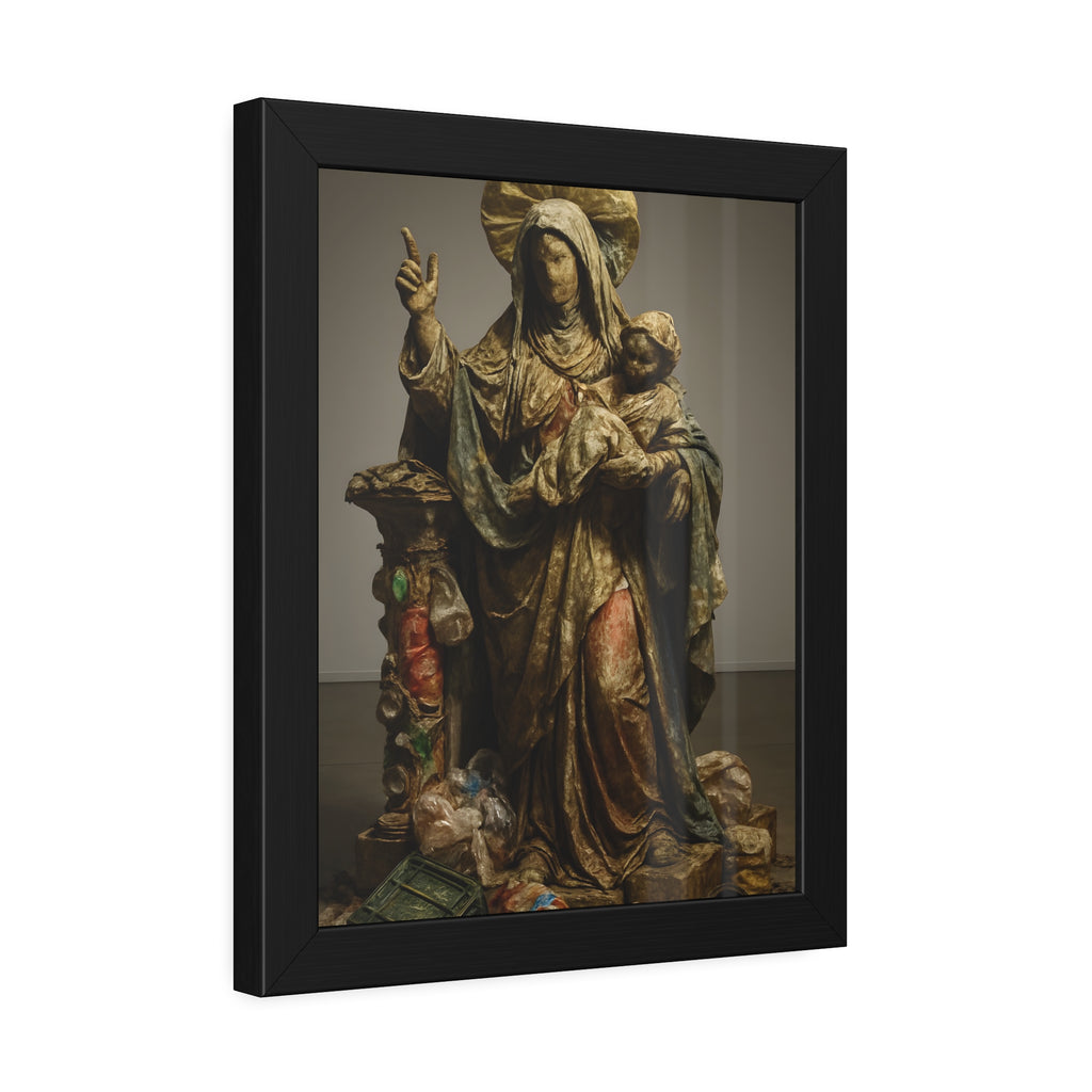 A standing veiled figure holding a child, refuse piled around the base. The Virgin of the Landfill by Garabaggio, framed fine art print hanging in a room.
