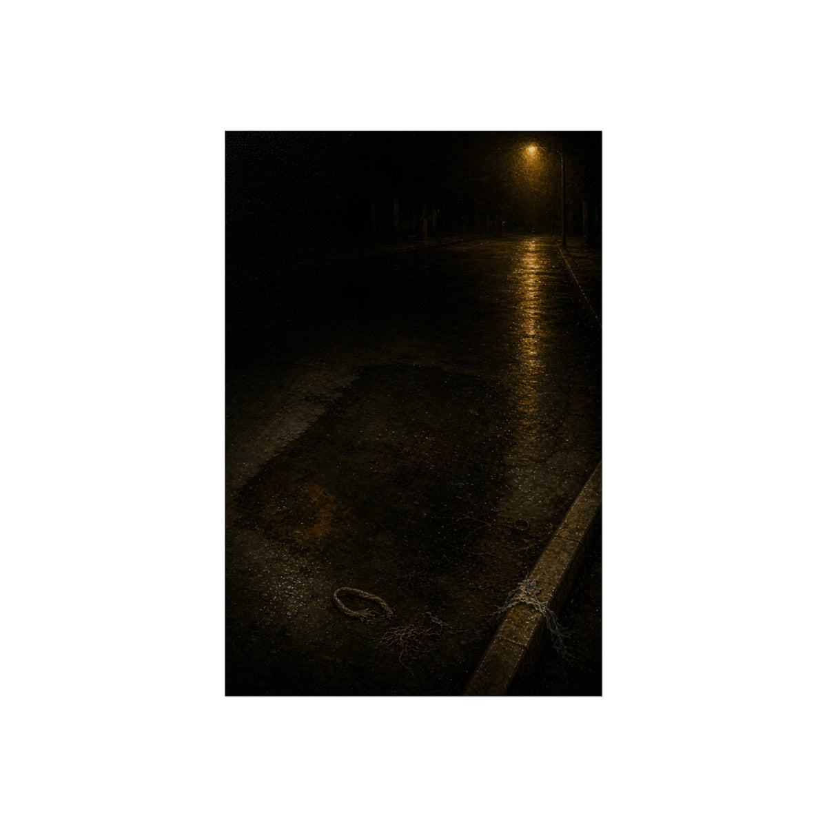 A rectangular stain on wet asphalt where something lay, under a streetlamp. The Stain After Removal by Garabaggio, fine art print, 24″ x 36″.