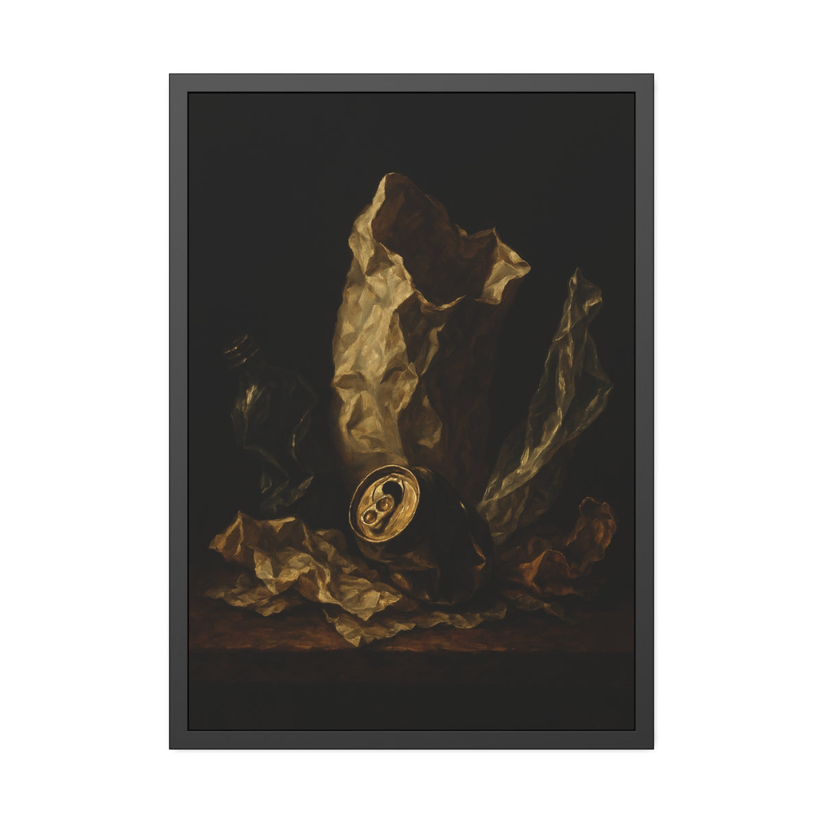 A crushed paper bag, dented can and flattened bottle on a dark table. Vanitas with Crumpled Bag by Garabaggio, framed fine art print hanging in a room.