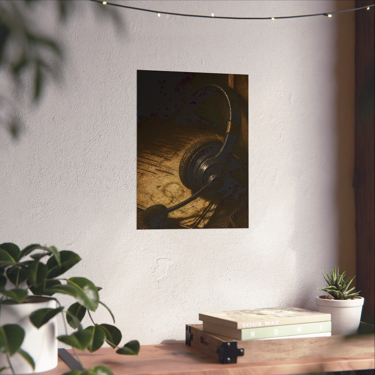 A worn headset resting on a printed script page with coffee rings. The Script Beside the Mouthpiece by Garabaggio, fine art print hanging in a room.
